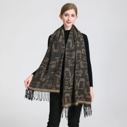 Reversible Cat Print Cashmere Feel Shawl SF23154-1 D-Brown