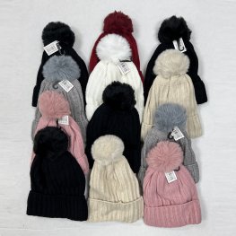 Cable Knit Pom-Pom Fleece Lined Hats HY4729 (6 Colors 1 DZ)