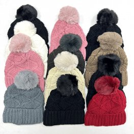 Cable Knit Pom-Pom Fleece Lined Hats NY3910 (8 Colors 1 DZ)