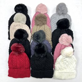 Cable Knit Pom-Pom Fleece Lined Hats NY6892 (8 Colors 1 DZ)