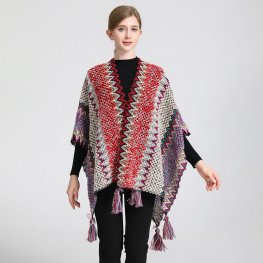 Cotton Knit ZIG-ZAG Open Front Tassels Poncho SF23155-4 Red