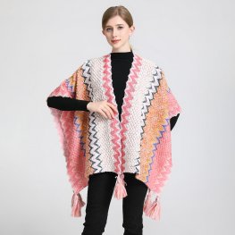Cotton Knit ZIG-ZAG Open Front Tassels Poncho SF23155-5 Pink