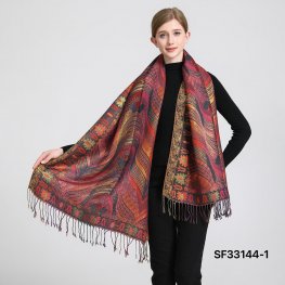 Luxury Metallic Feather Pashmina SF33144-1:Burgundy Multi  Luxury Metallic Feather Pashmina SF33144-1:Burgundy Multi