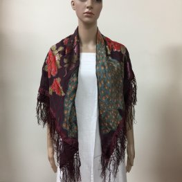 VCL88203 Peacock Design Fringe Velvet Shawl Burgundy