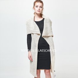 XG2211902 Solid Ivory Knitted Open Front Long Cardigan