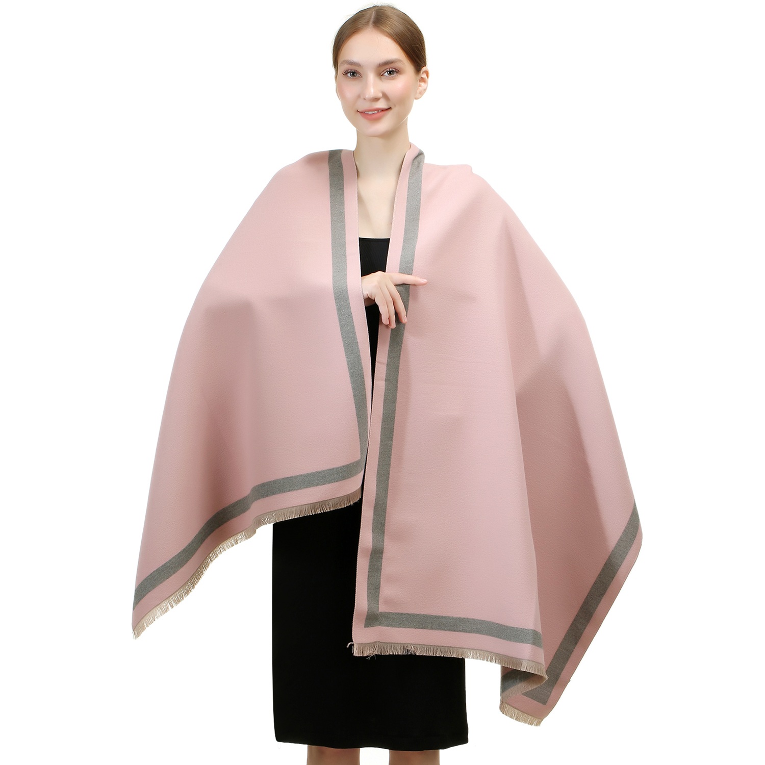 Reversible Oversized Border Cashmere Shawl:Pink 7901