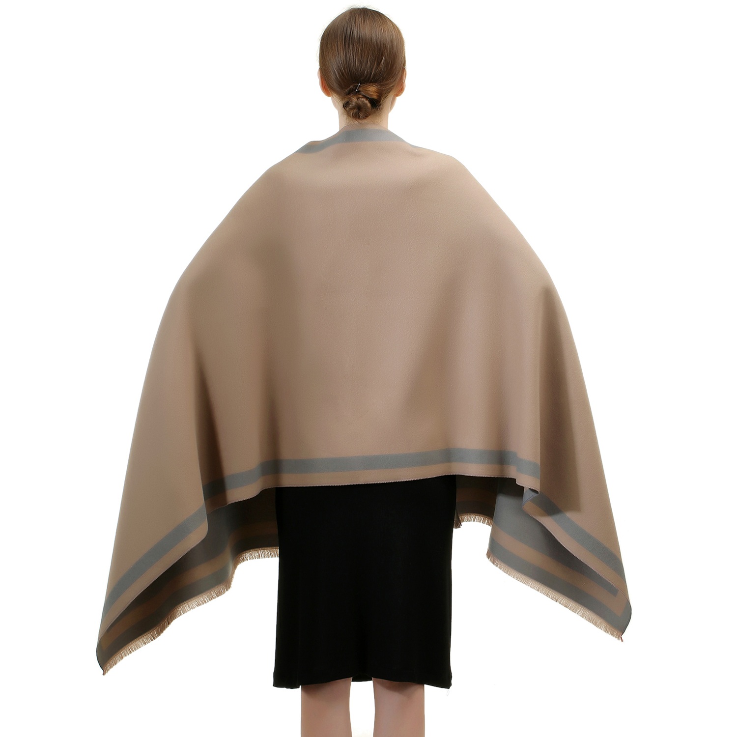 Reversible Oversized Border Cashmere Shawl: Taupe 7902