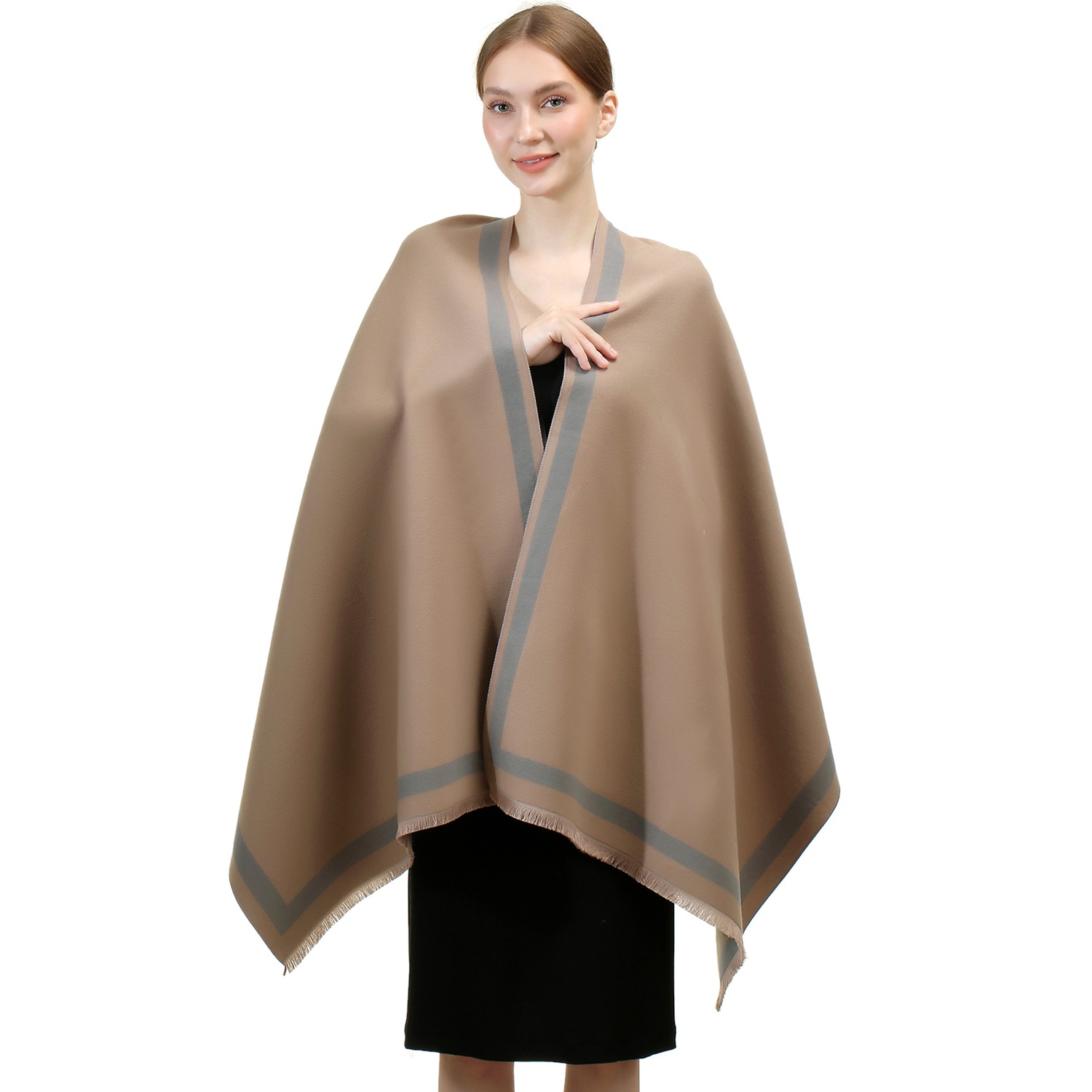 Reversible Oversized Border Cashmere Shawl: Taupe 7902