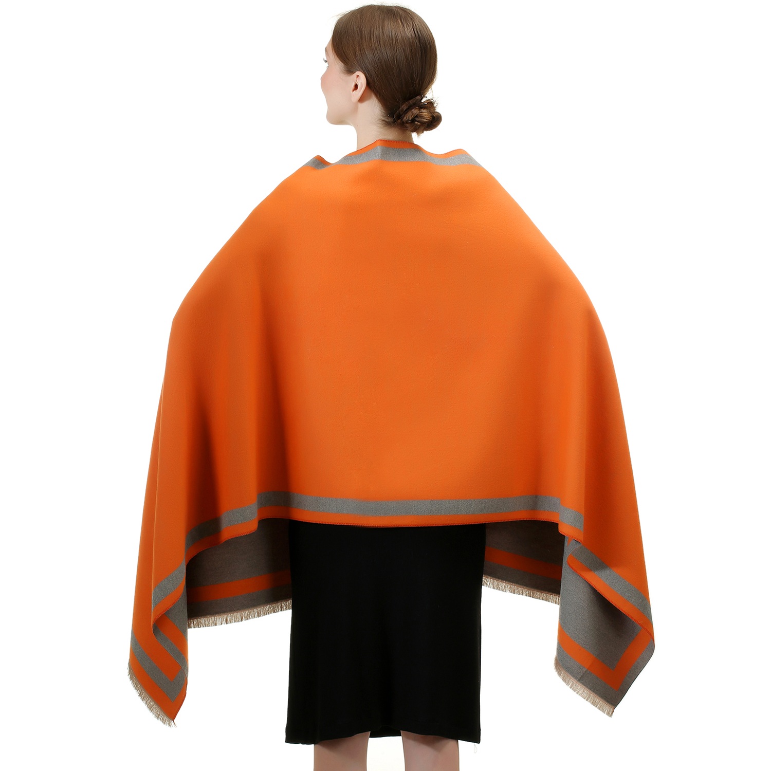 Reversible Oversized Border Cashmere Shawl:Orange 7904