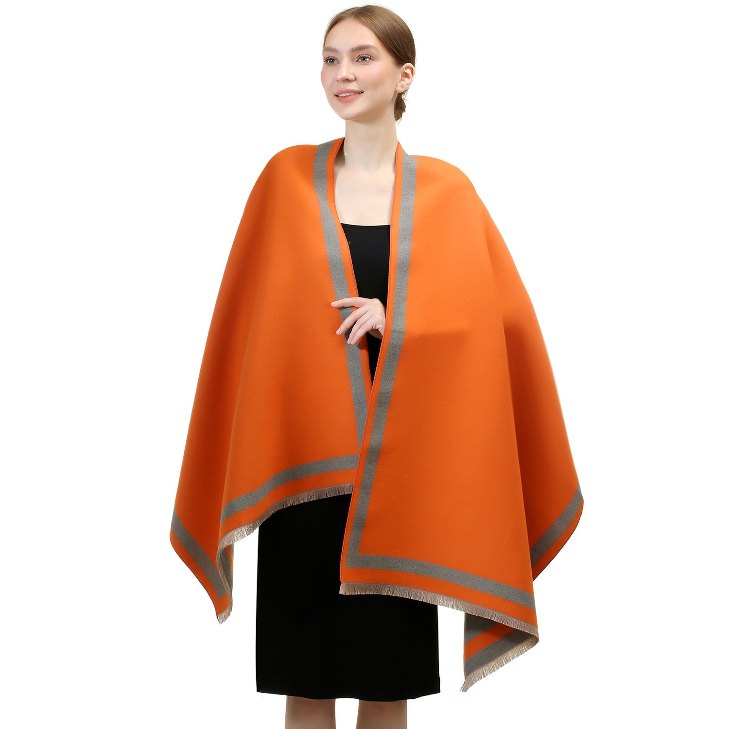 Reversible Oversized Border Cashmere Shawl:Orange 7904