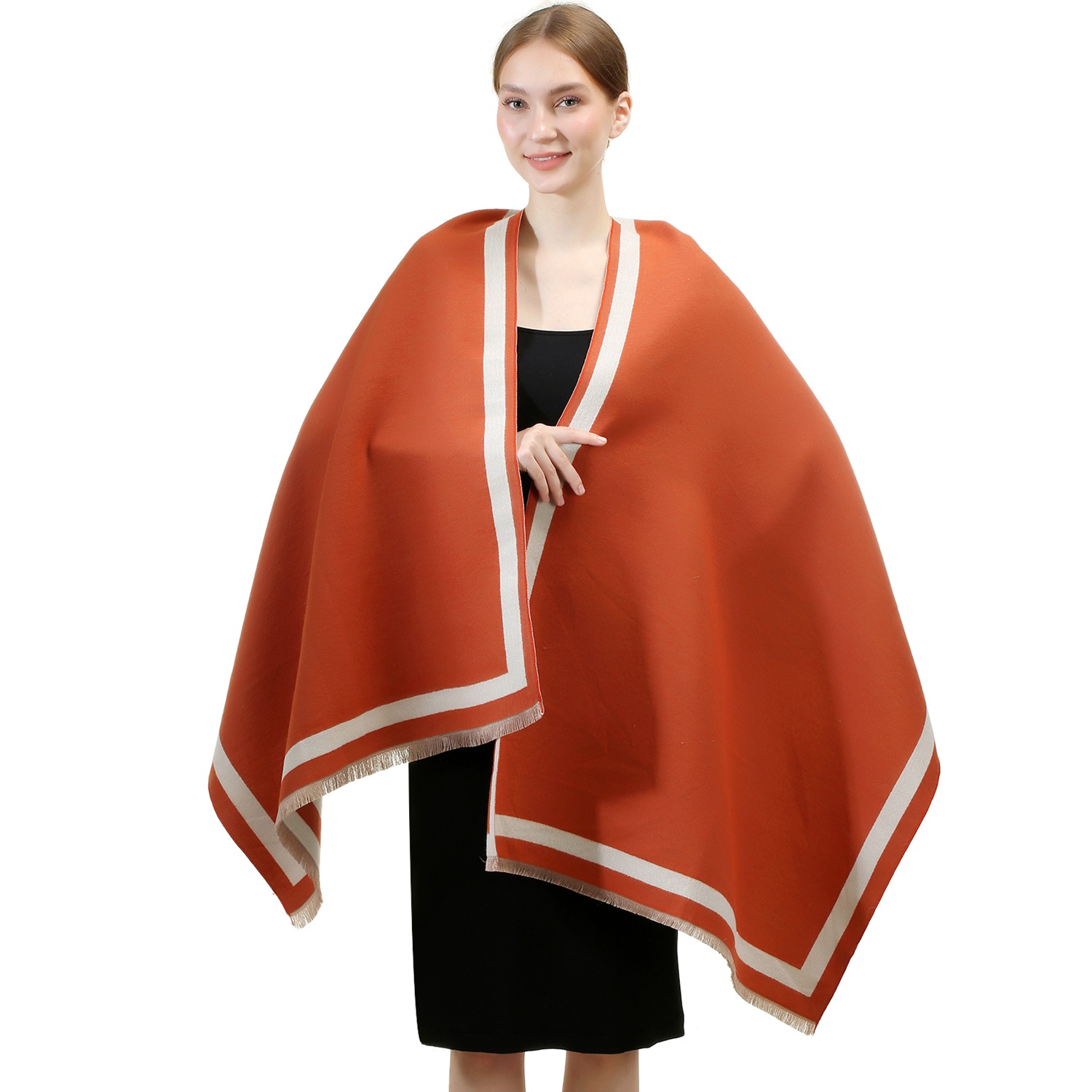 Reversible Oversized Border Cashmere Shawl:Rust Red 7905