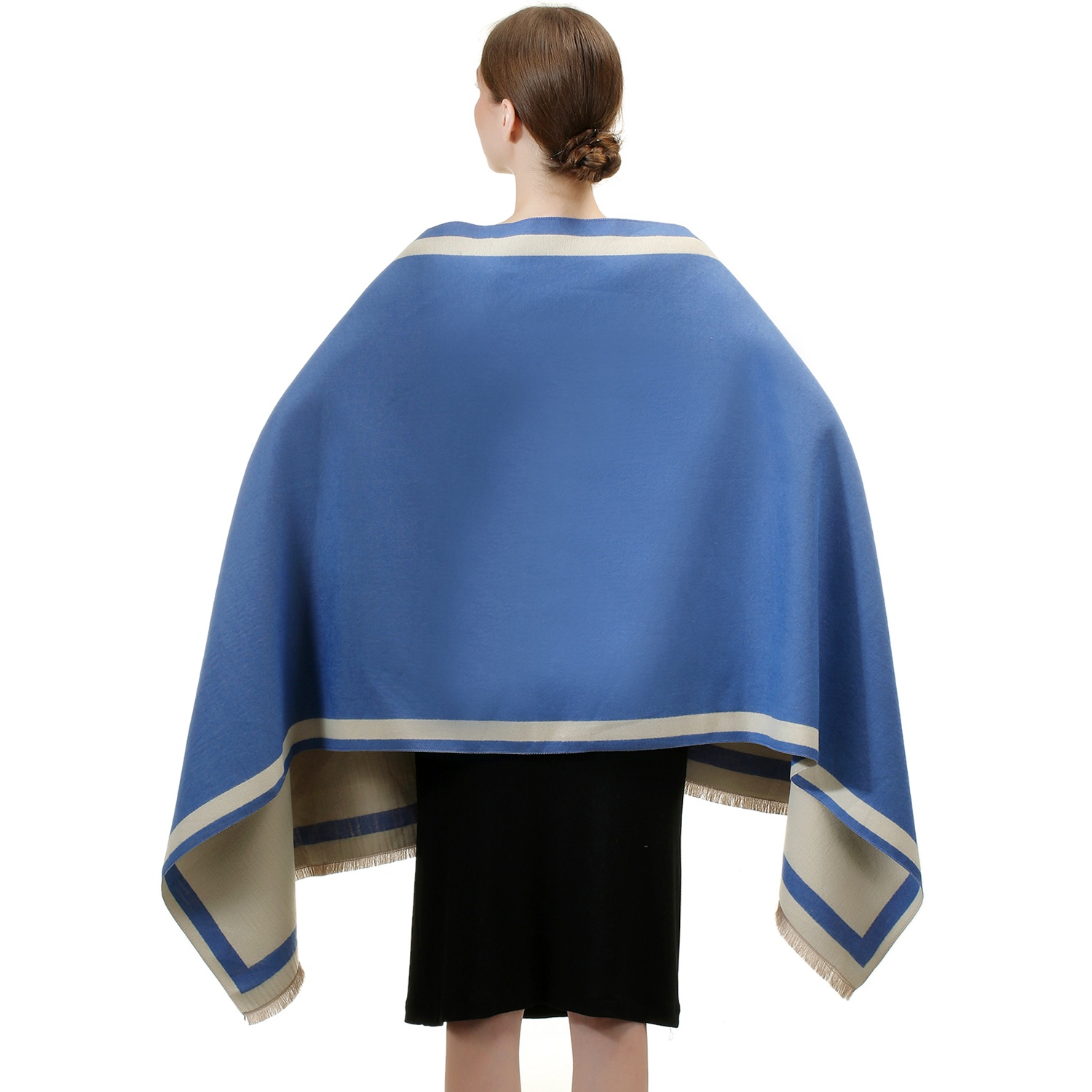 Reversible Oversized Border Cashmere Shawl: Blue 7906