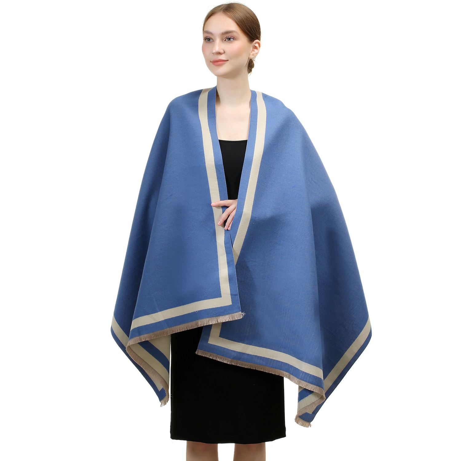 Reversible Oversized Border Cashmere Shawl: Blue 7906