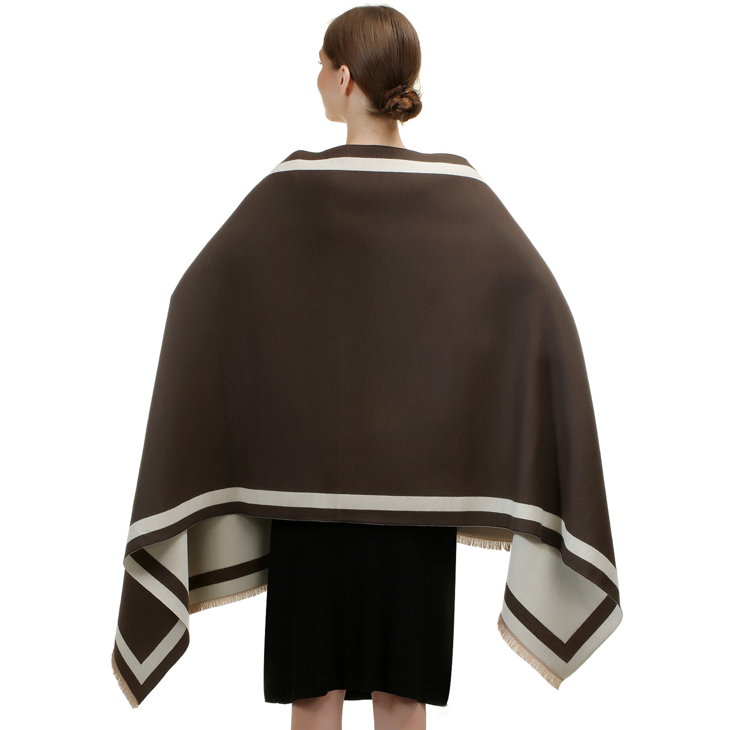 Reversible Oversized Border Cashmere Shawl: Brown 7907