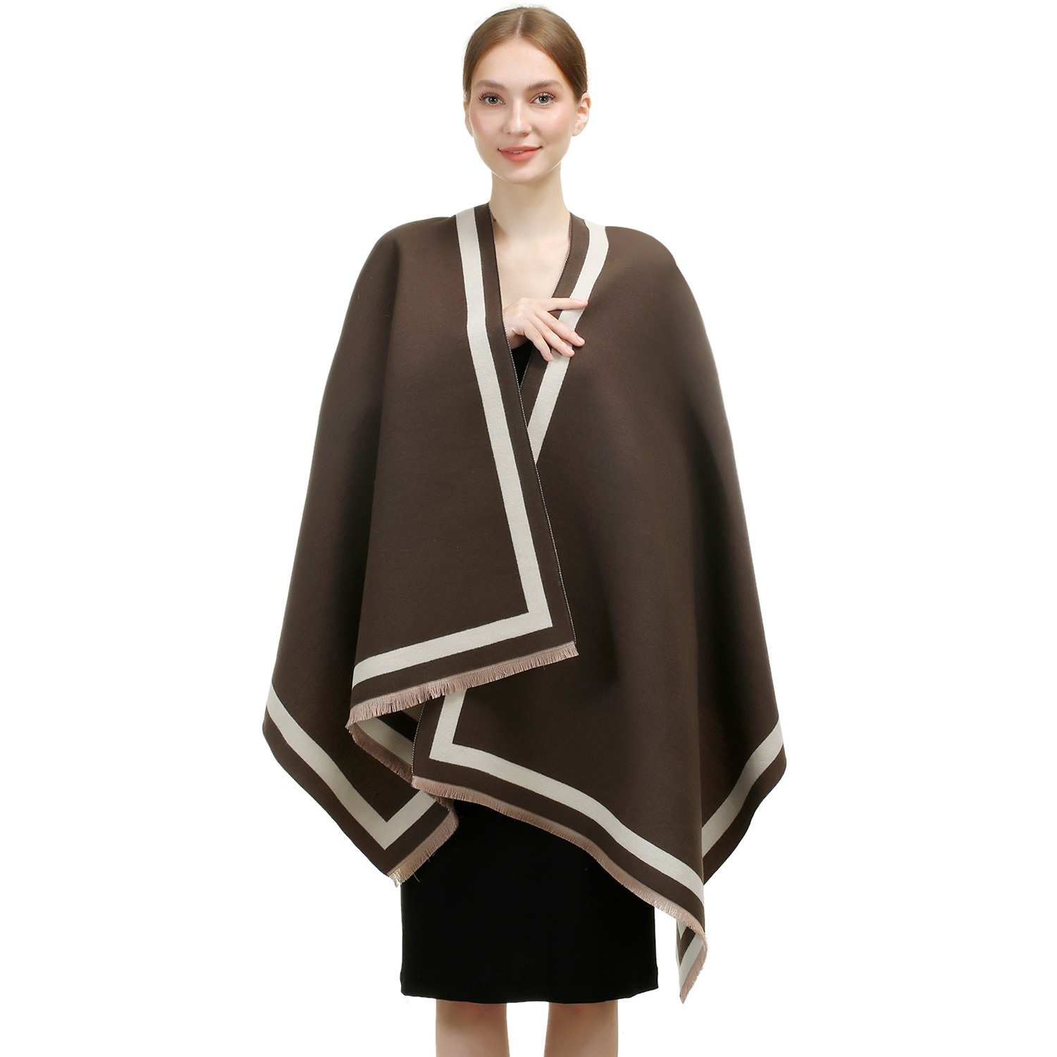 Reversible Oversized Border Cashmere Shawl: Brown 7907