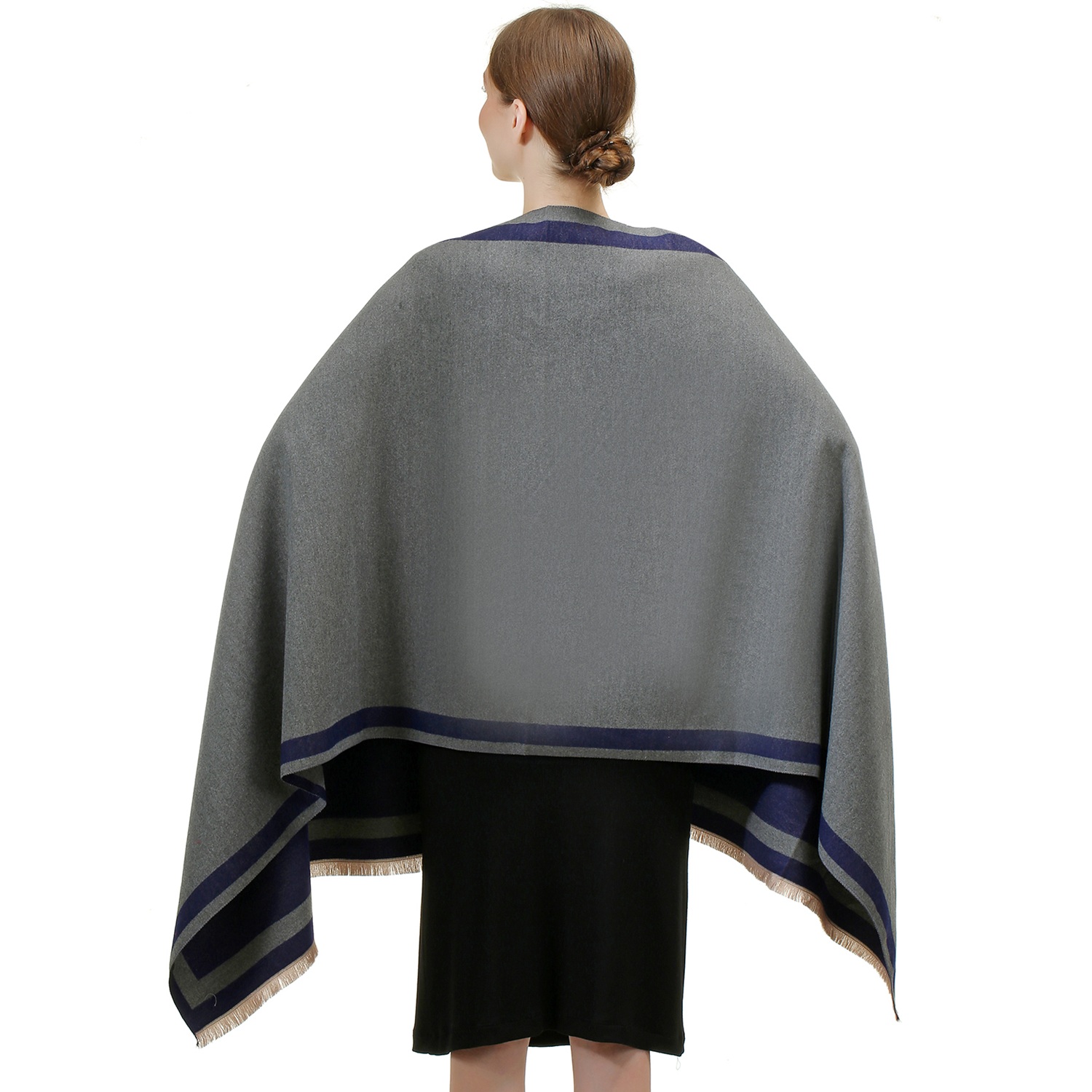 Reversible Oversized Border Cashmere Shawl: Heather Grey 7908