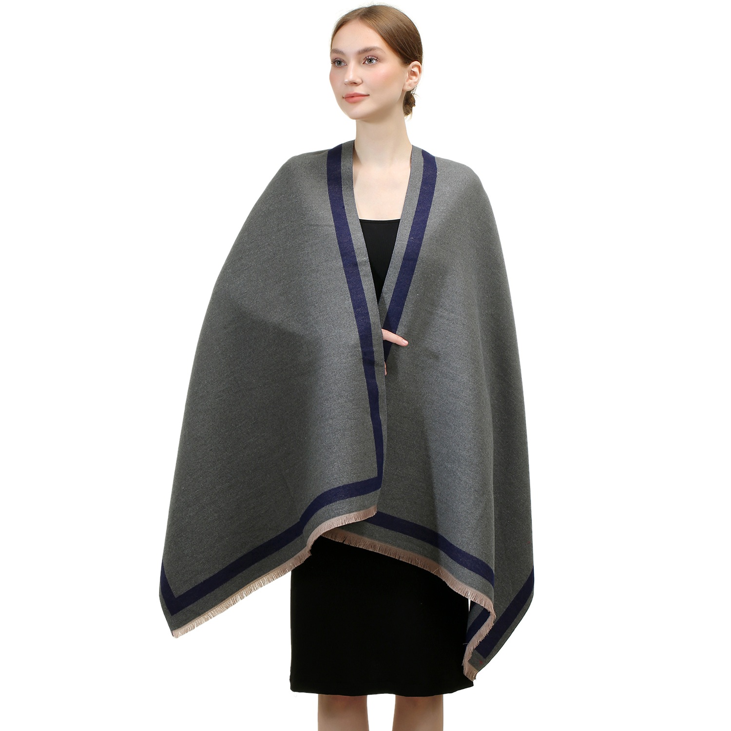 Reversible Oversized Border Cashmere Shawl: Heather Grey 7908