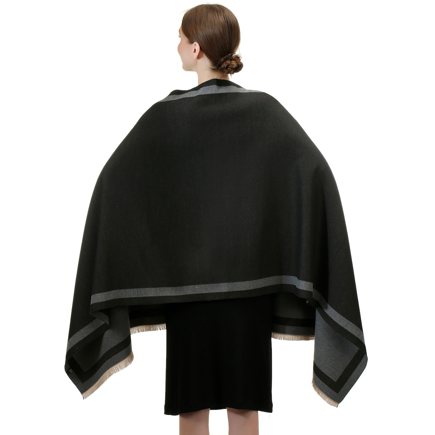 Reversible Oversized Border Cashmere Shawl: Black 7909