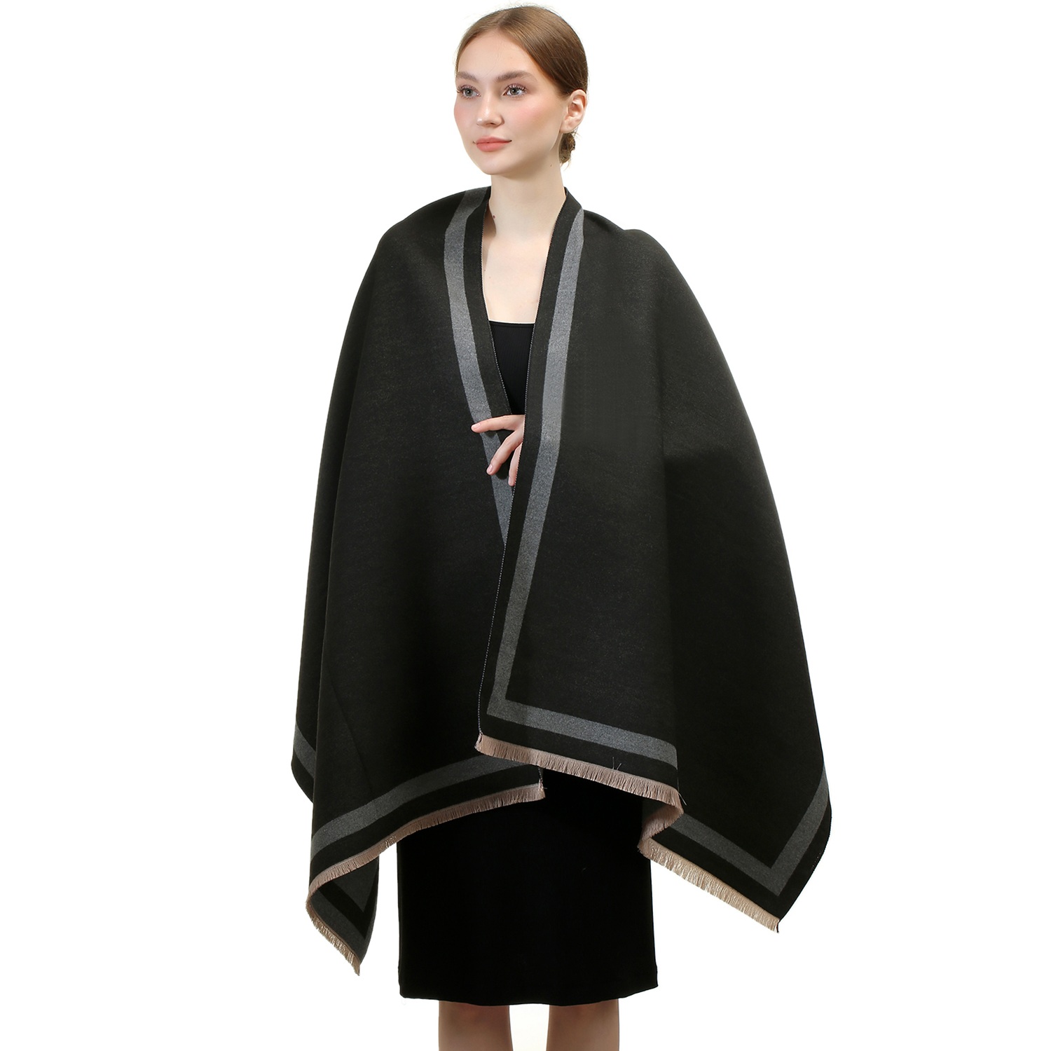 Reversible Oversized Border Cashmere Shawl: Black 7909