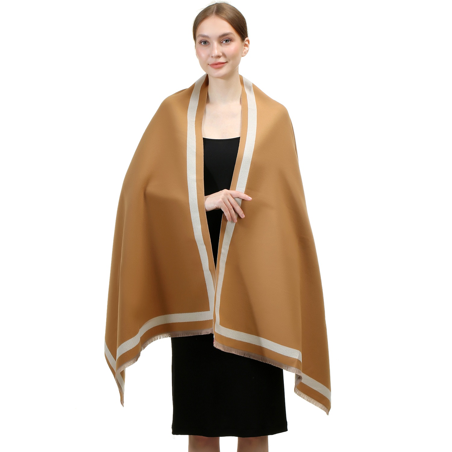 Reversible Oversized Border Cashmere Shawl: Camel 7910