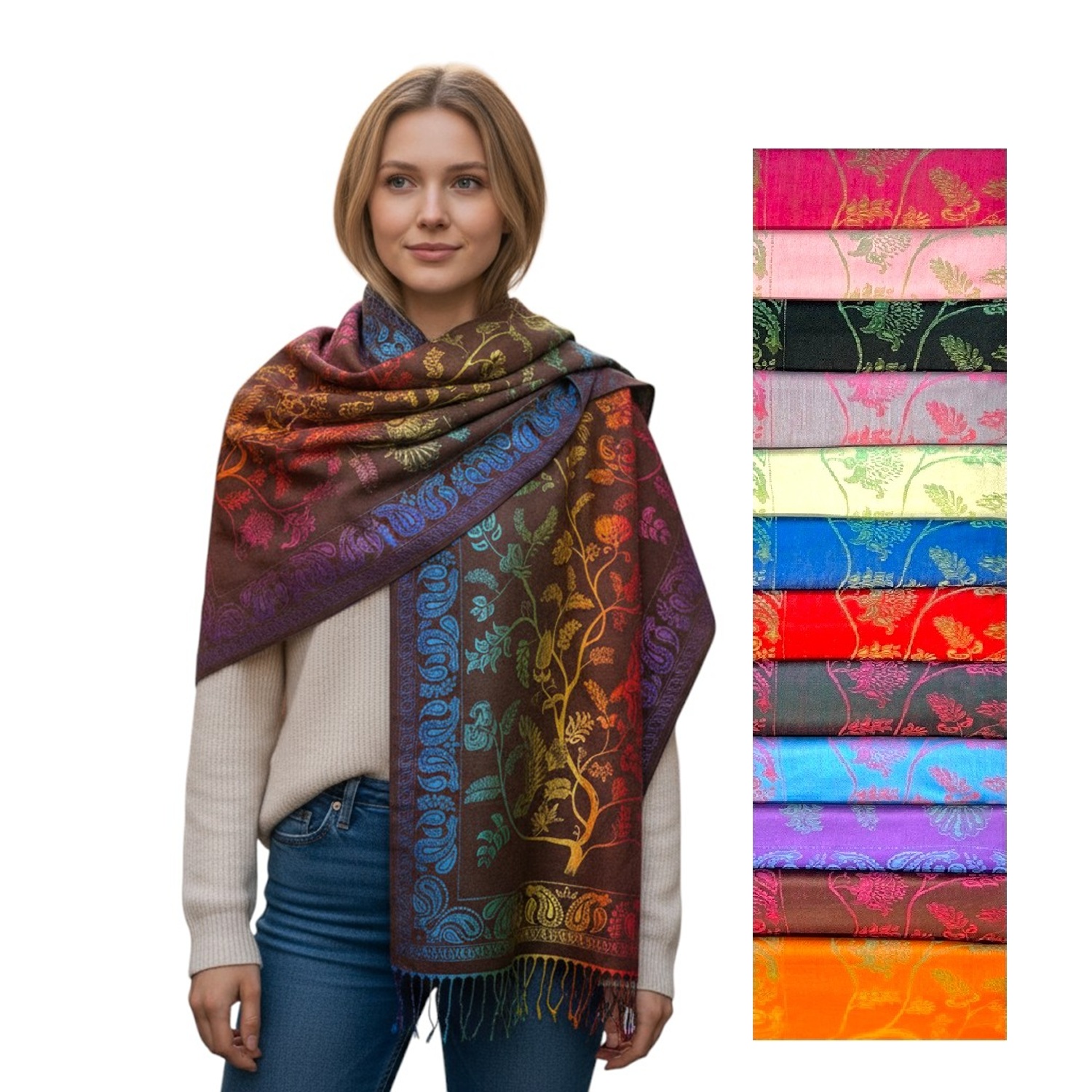 Multi Floral Birds Pashmina JB626( 12Colors, 1Doz)  Multi Floral Birds Pashmina JB626( 12Colors, 1Doz)