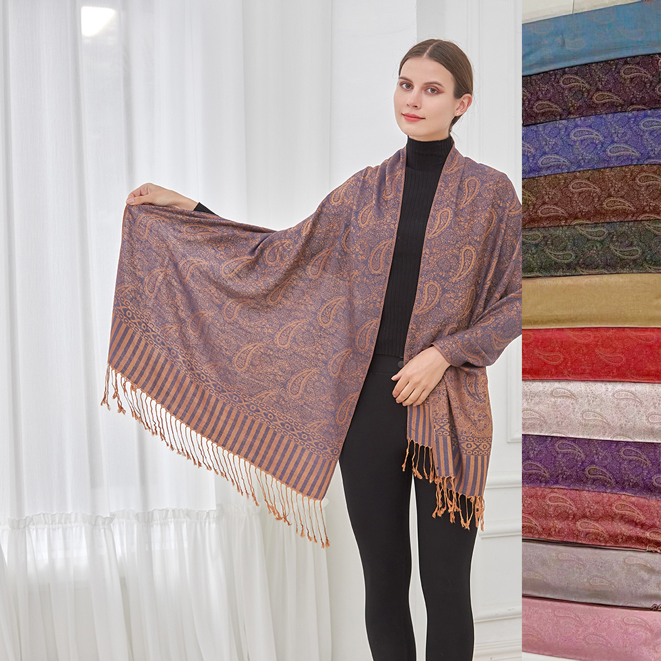 Striped Border Small Paisley Pashmina NY23174(11COLORS, 1DZ )