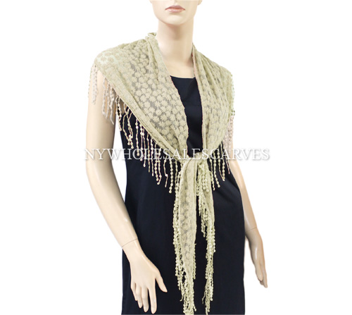 Lace & Fringe Triangle Scarf H2249 Camel