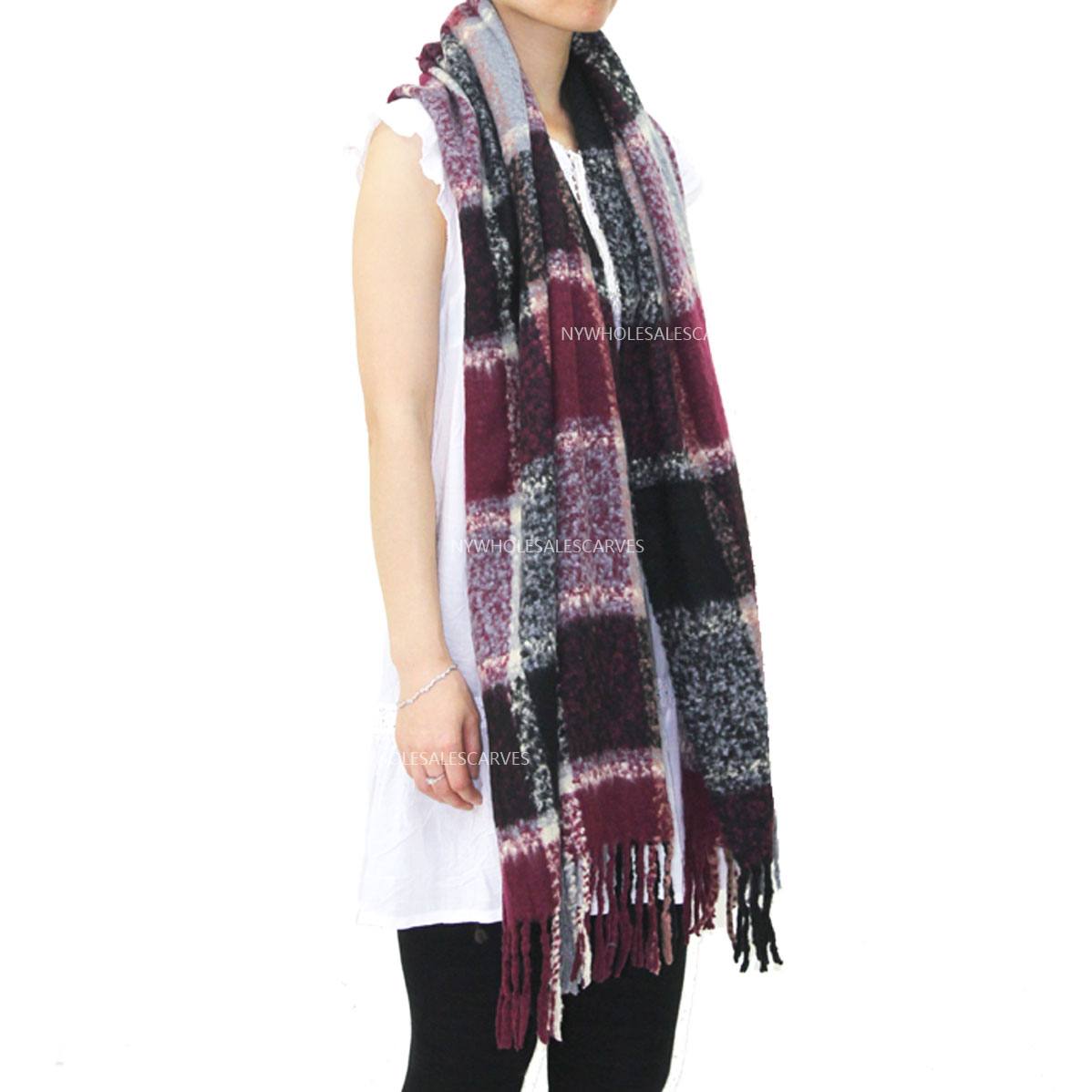 23105 Long Warm Mohair Tassels Plaid Scarf Shawl Black/Burgundy