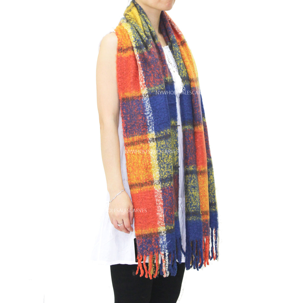 23105Long Warm Mohair Tassels Plaid Scarf Shawl Orange/Blue