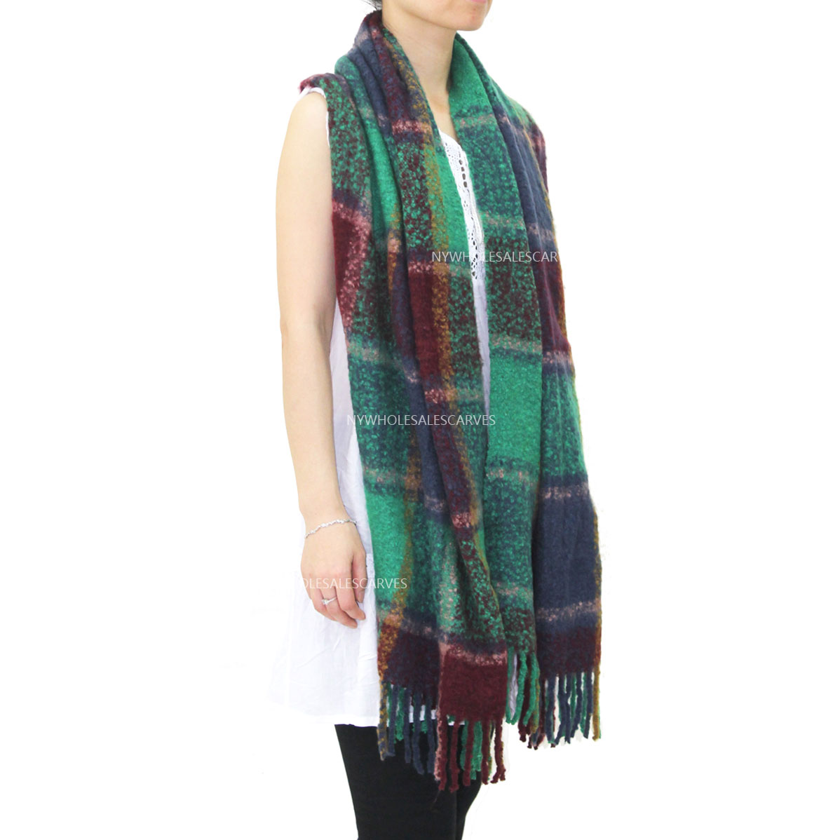 23105 Long Warm Mohair Tassels Plaid Scarf Shawl Purple/Green