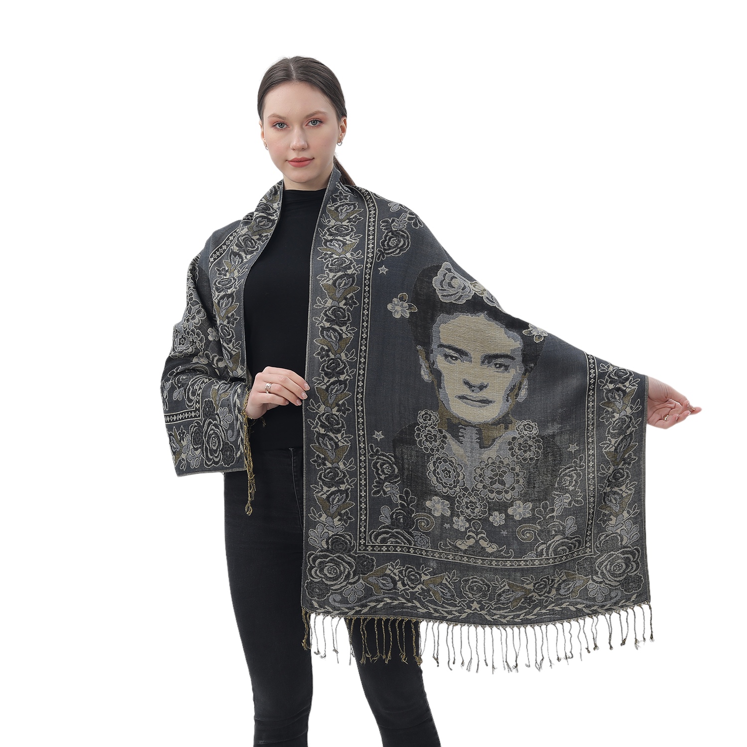 Divine Frida Kahlo Pashmina NY23185-2 Charcoal