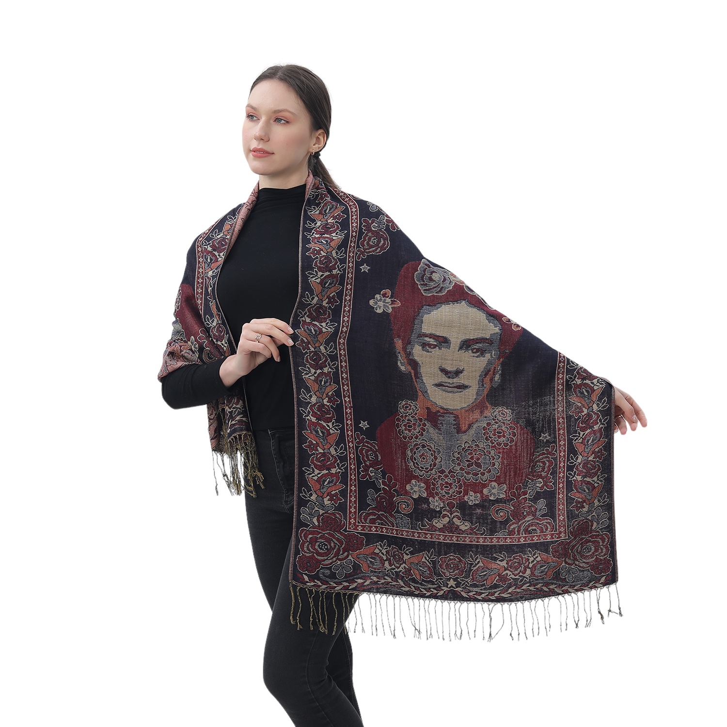 Divine Frida Kahlo Pashmina NY23185-3 Red/Black