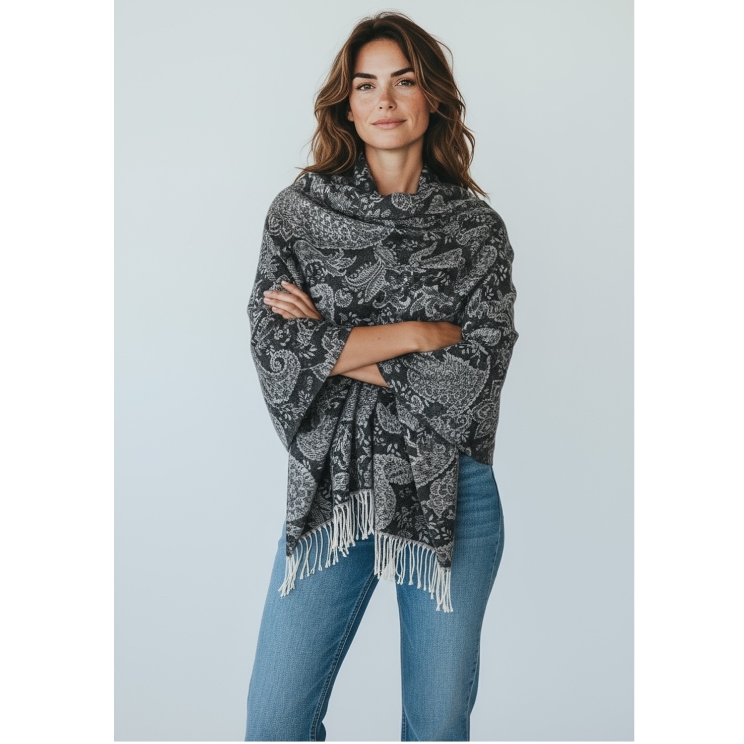 Black Boho Chic Paisley Cashmere Feel Shawl: NY23214-1