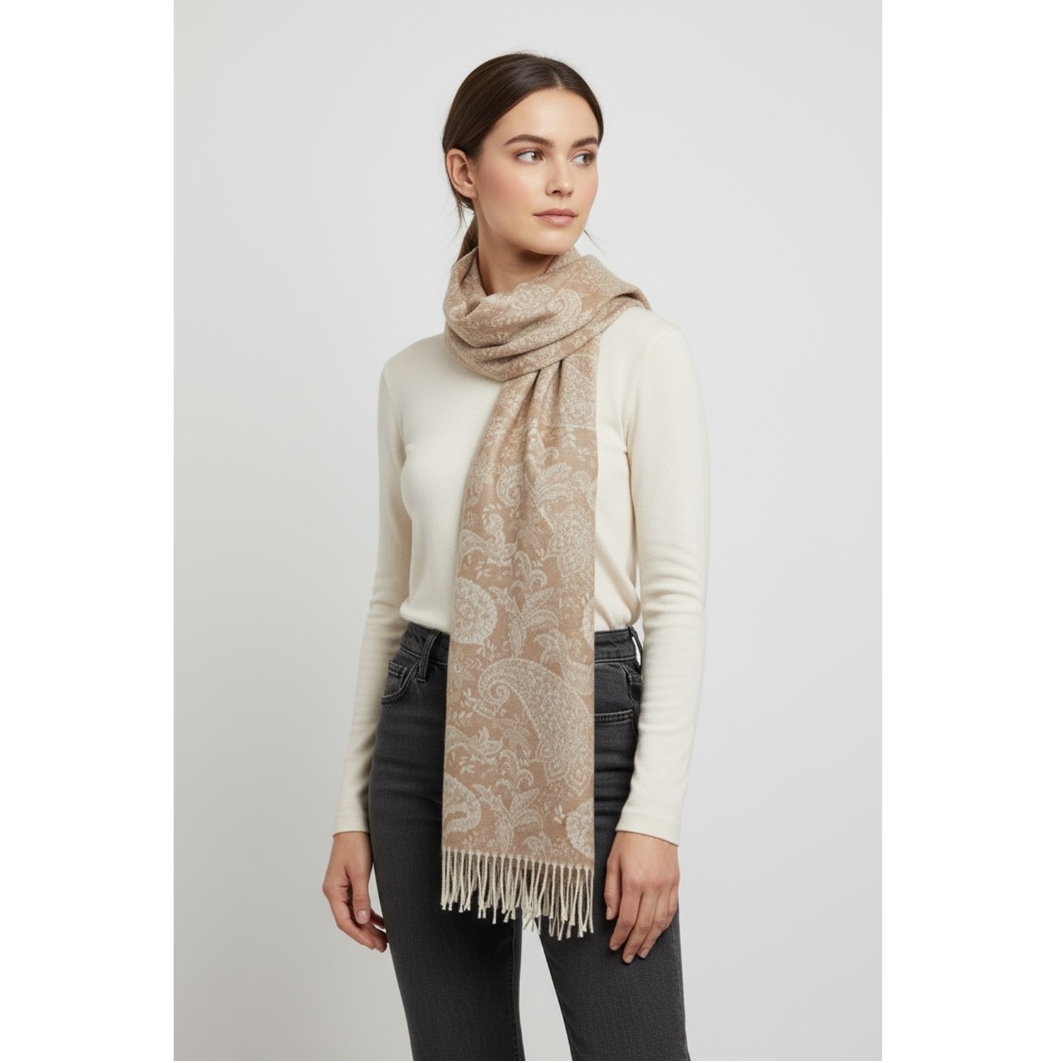 Soft Beige Boho Chic Paisley Cashmere Feel Shawl: NY23214-2