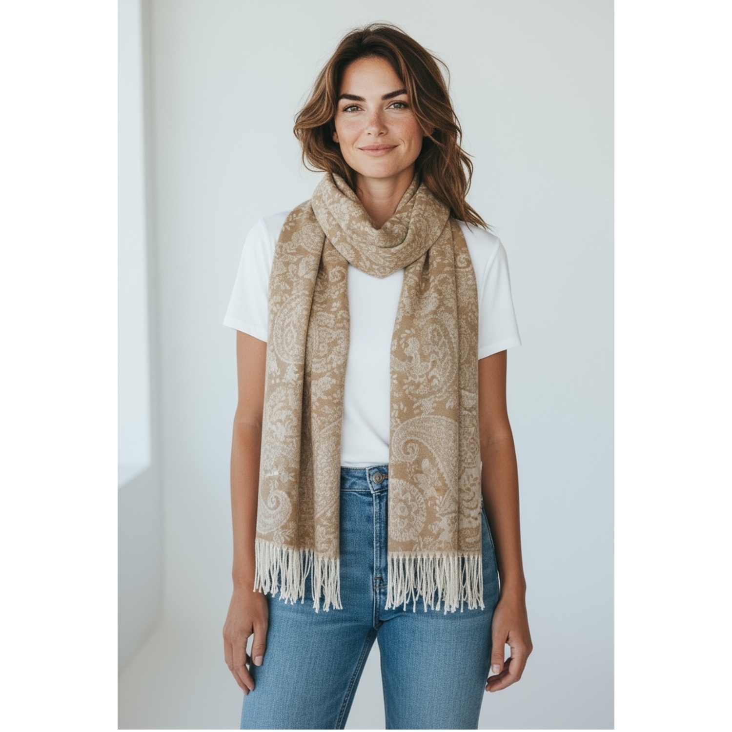 Soft Beige Boho Chic Paisley Cashmere Feel Shawl: NY23214-2