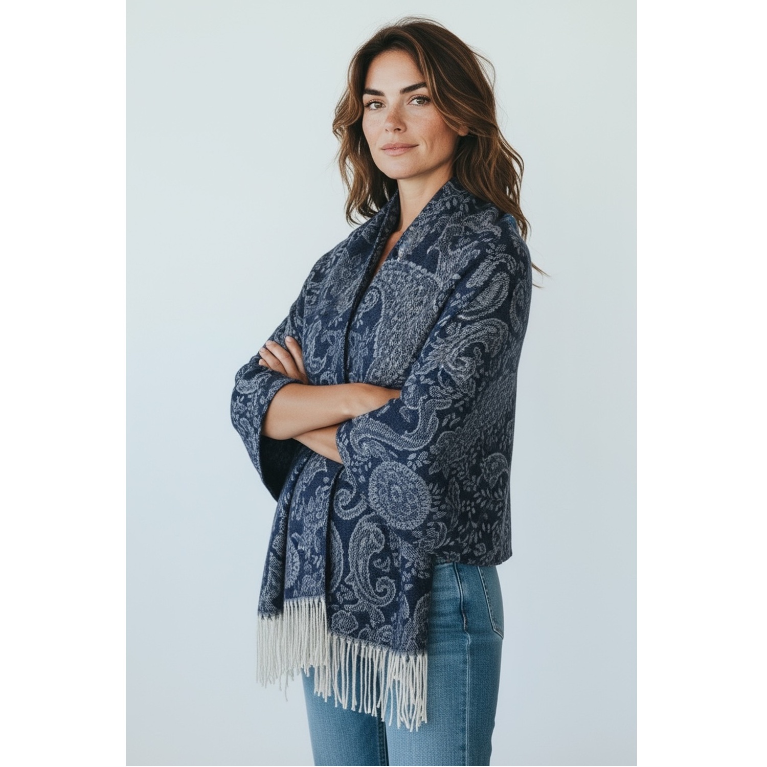 Navy Boho Chic Paisley Cashmere Feel Shawl:NY23214-3