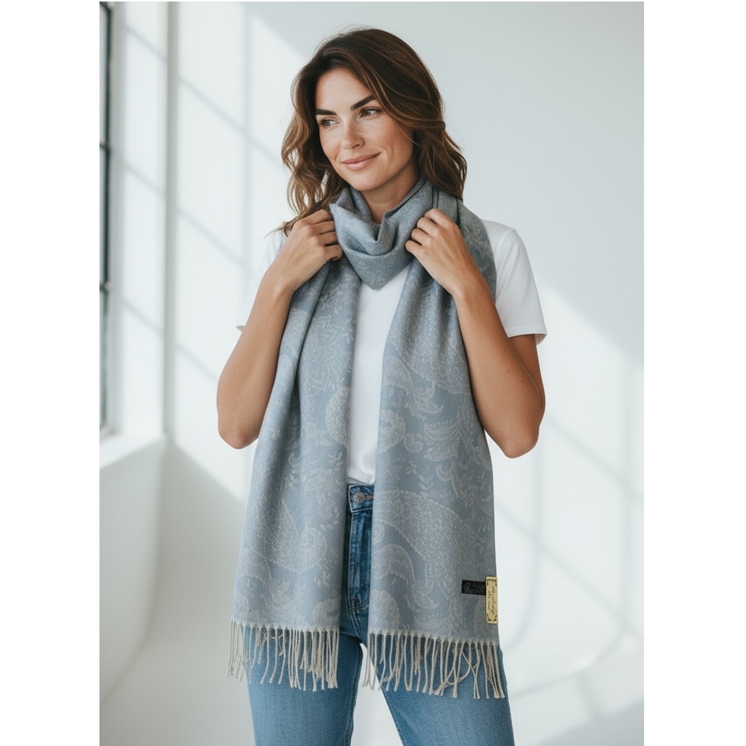 Baby Blue Boho Chic Paisley Cashmere Feel Shawl: NY23214-4