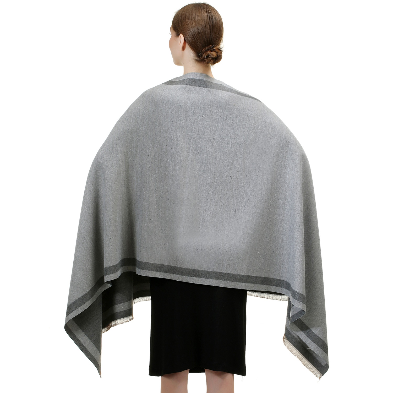 Reversible Oversized Border Cashmere Shawl: Grey 7903