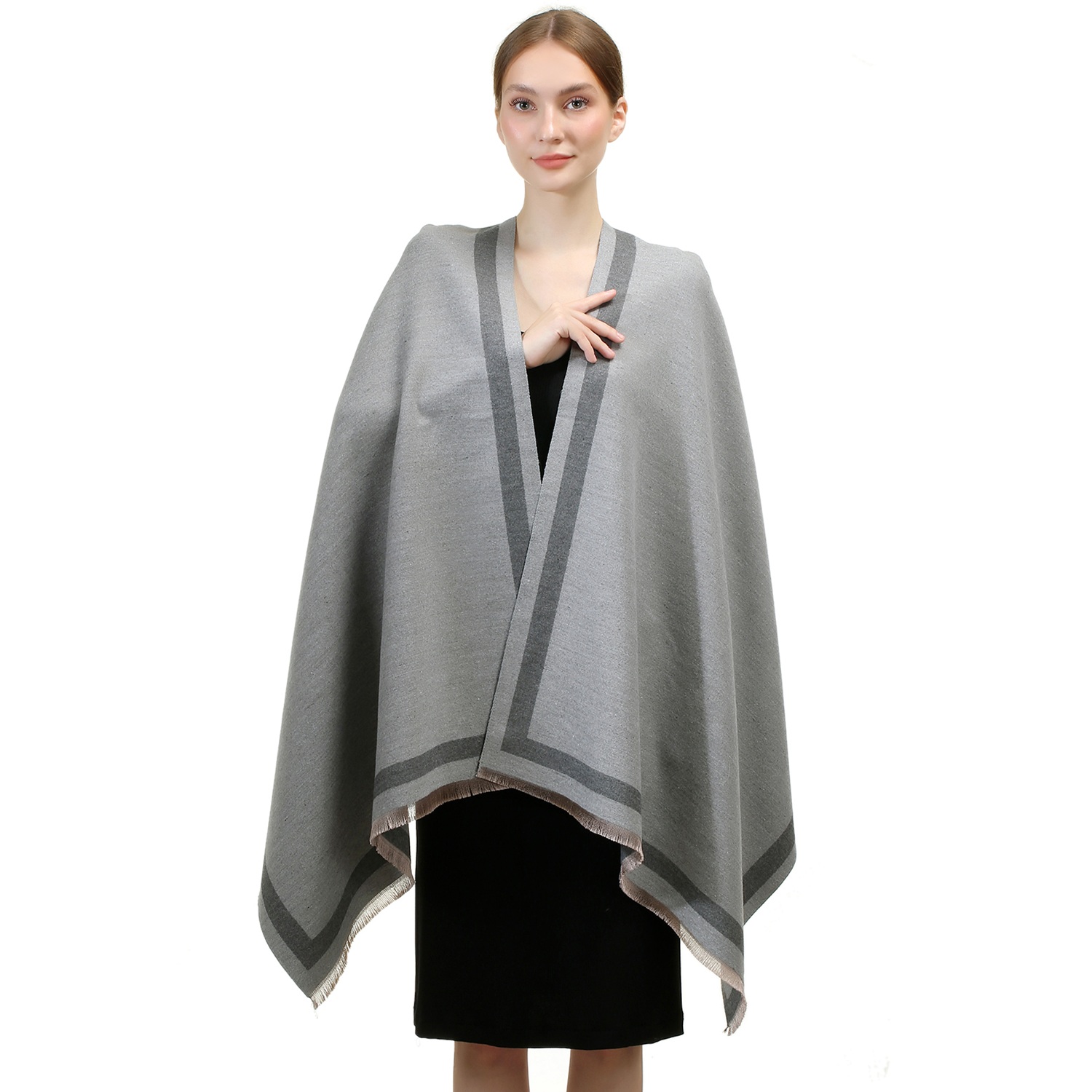 Reversible Oversized Border Cashmere Shawl: Grey 7903