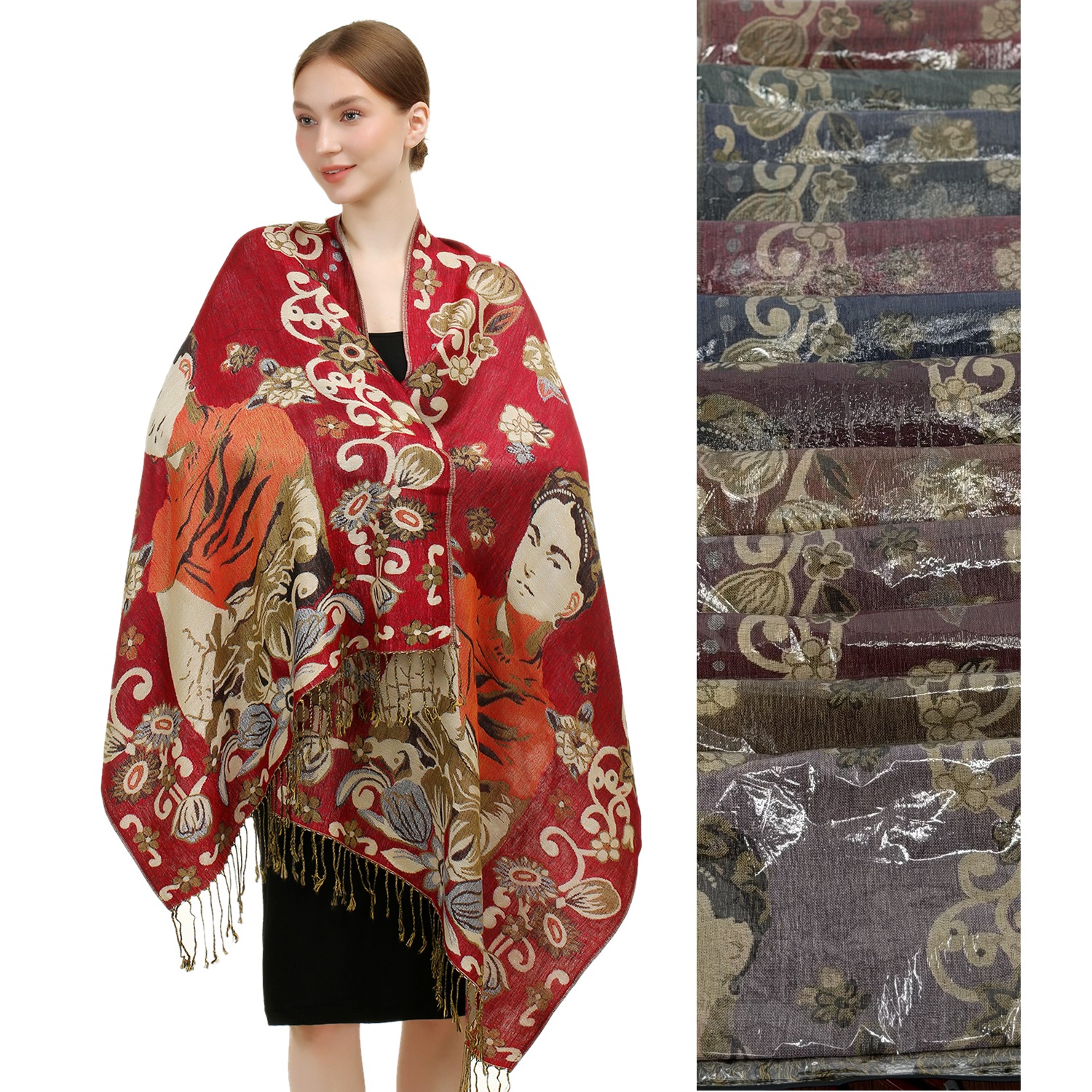 Frida With Flower Pashmina NY23211 (12Colors, 1Doz)  Frida With Flower Pashmina NY23211 (12Colors, 1Doz)