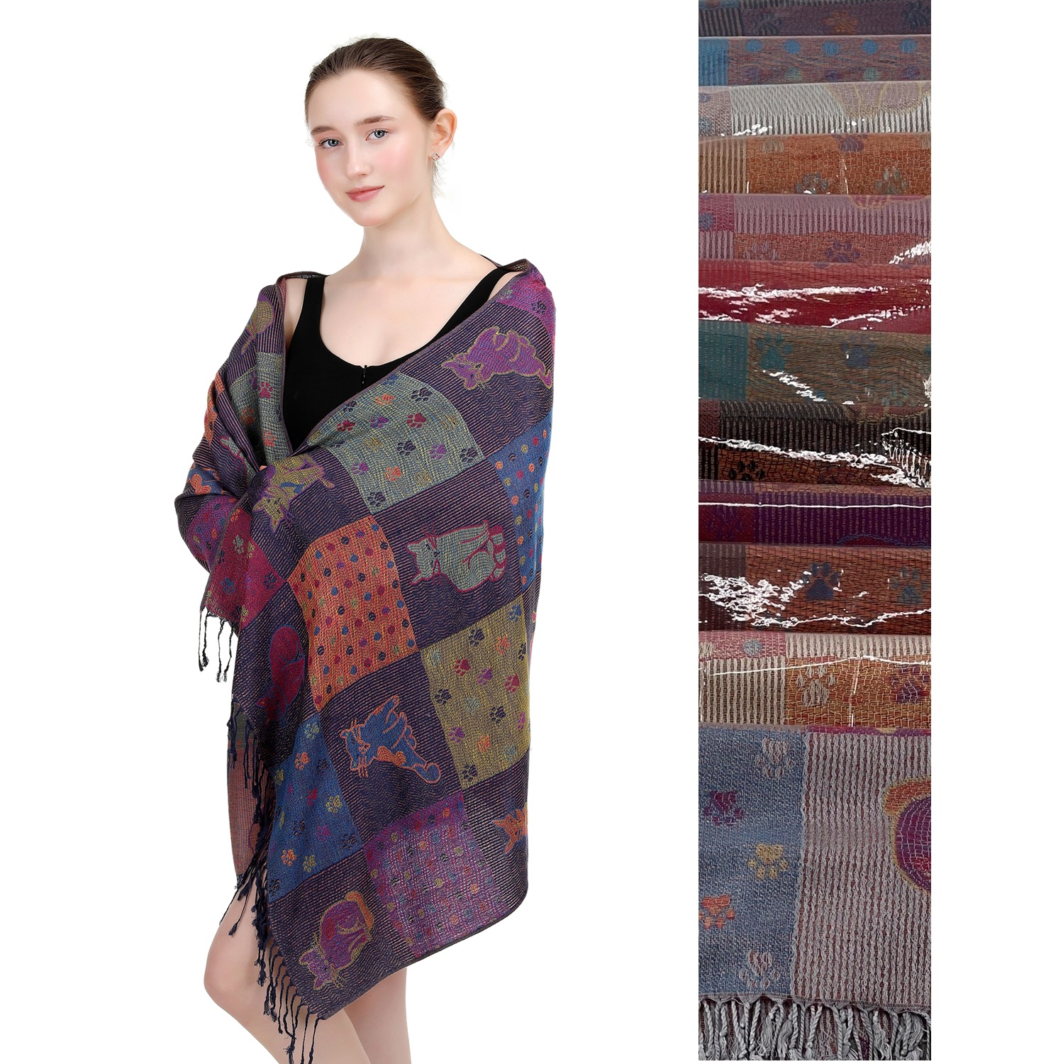Cats and Paw Patchwork Design Pashmina NY23212 (12 Colors ,1Doz)