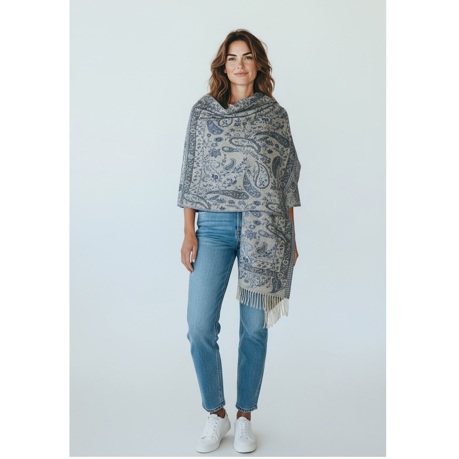 Elegant Paisley Cashmere Feel Shawl XX02007-3 Grey