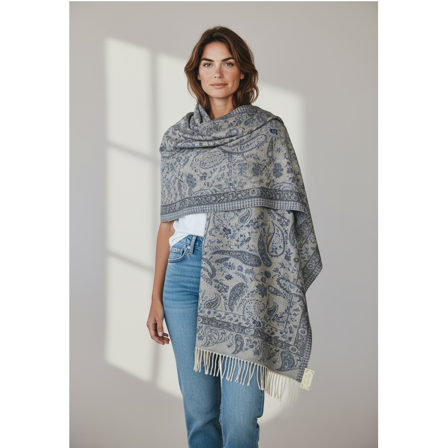 Elegant Paisley Cashmere Feel Shawl XX02007-3 Grey  Elegant Paisley Cashmere Feel Shawl XX02007-3 Grey