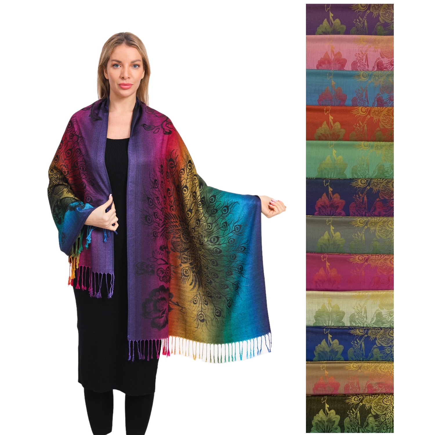 Rainbow Peacock Floral Pashmina F23153 ( 12 Colors 1DZ)