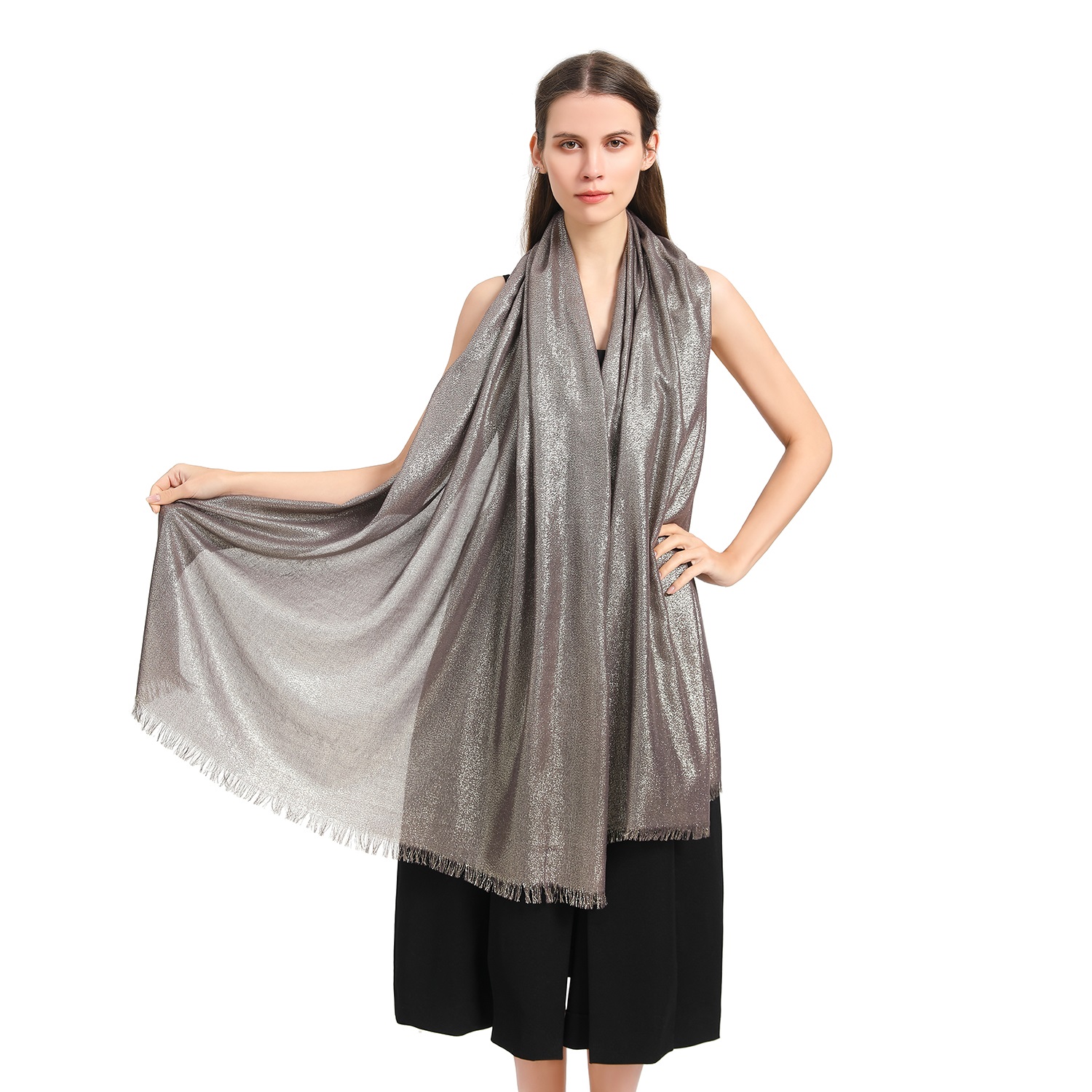 SF23120-05 Sheer Sparkly Shawl Wrap Charcoal Gold