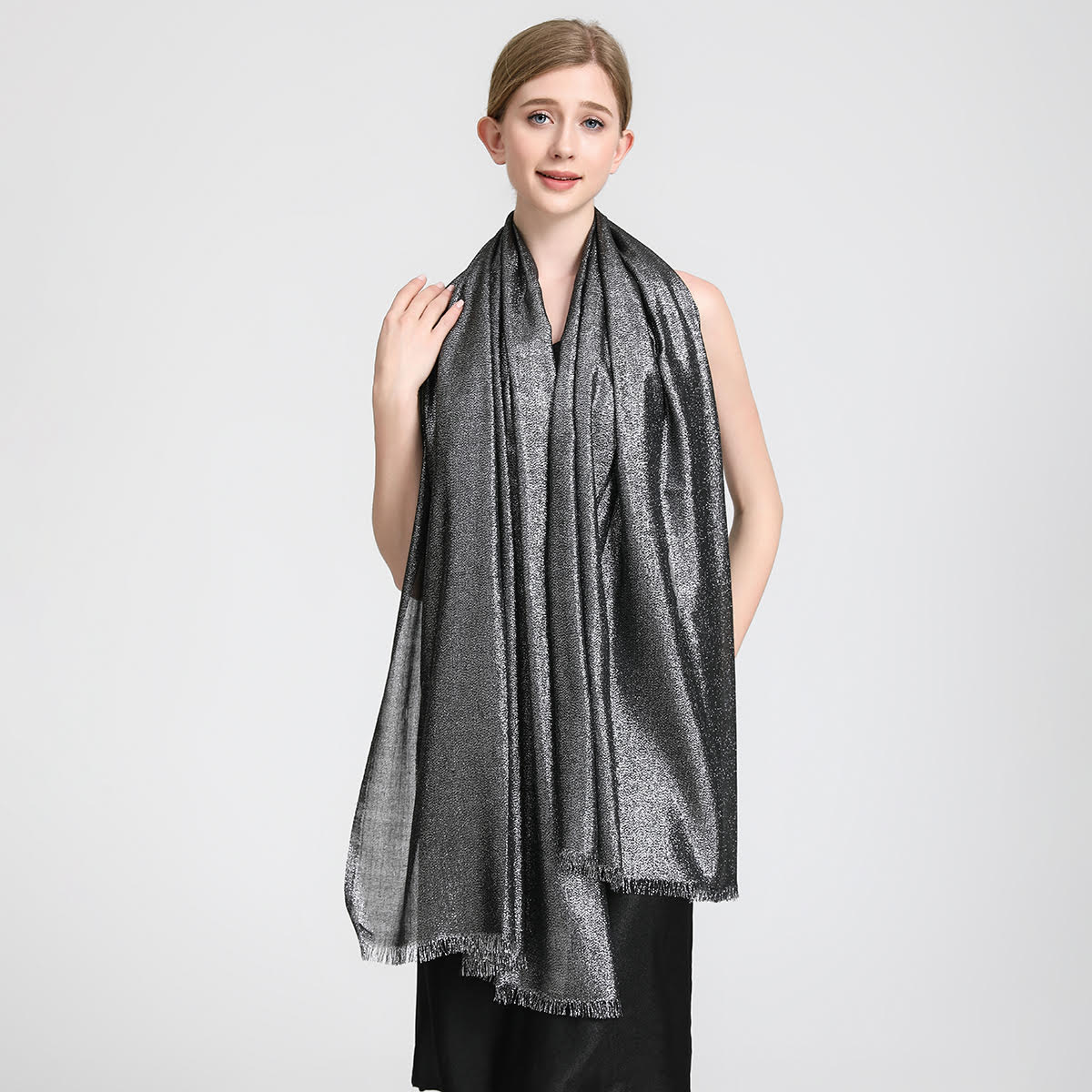 SF23120-1N Sheer Sparkly Shawl Wrap : Black Silver