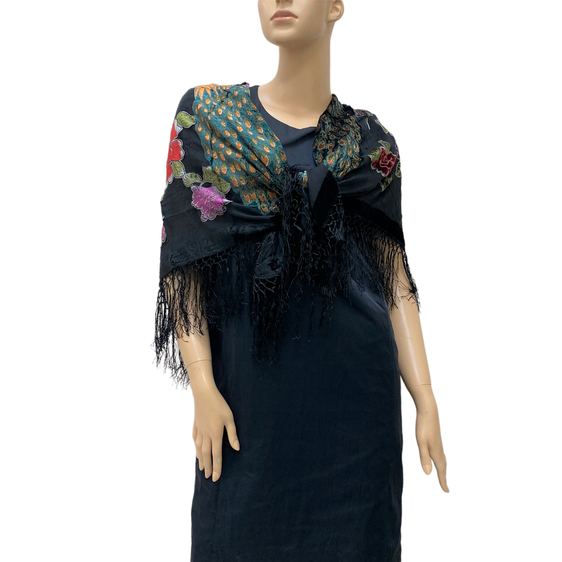 VCL88201 Peacock Design Fringe Velvet Shawl Black