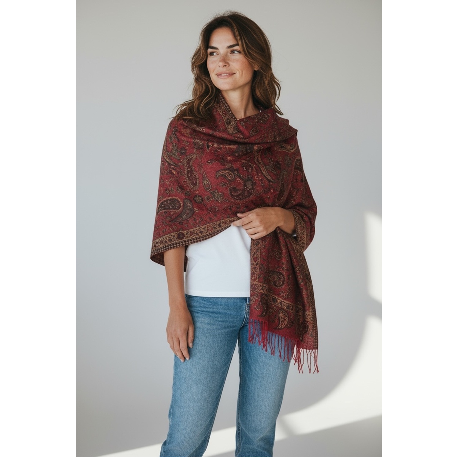 Elegant Paisley Cashmere Feel Shawl XX02007-2 Burgundy  Elegant Paisley Cashmere Feel Shawl XX02007-2 Burgundy