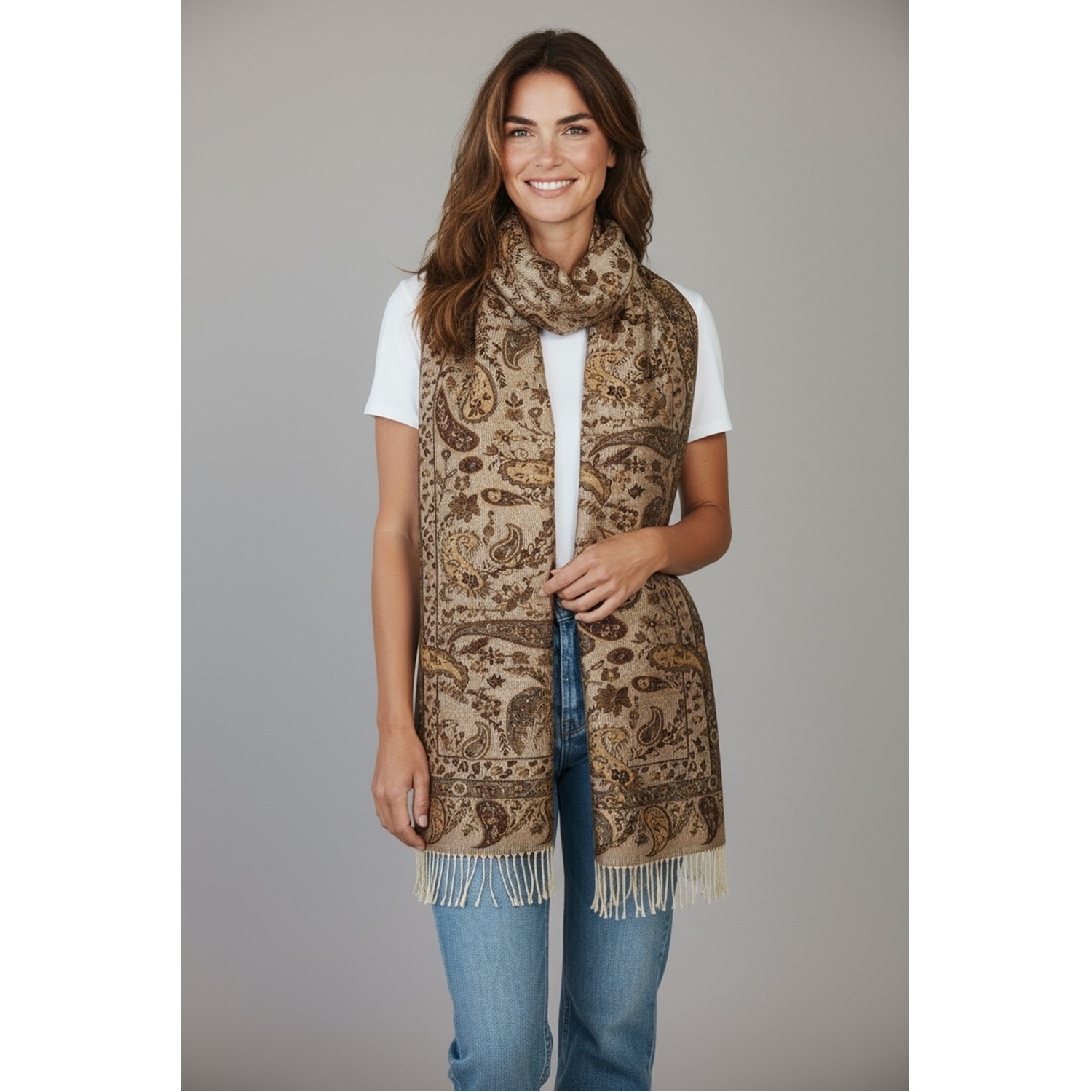 Elegant Paisley Cashmere Feel Shawl XX02007-4 Camel
