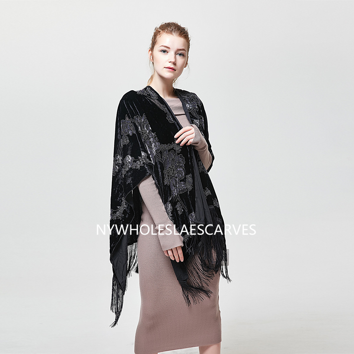 SS24105 Velvet Beaded Fringed Floral Shawl: Black [SS24105] - $18.00 ...